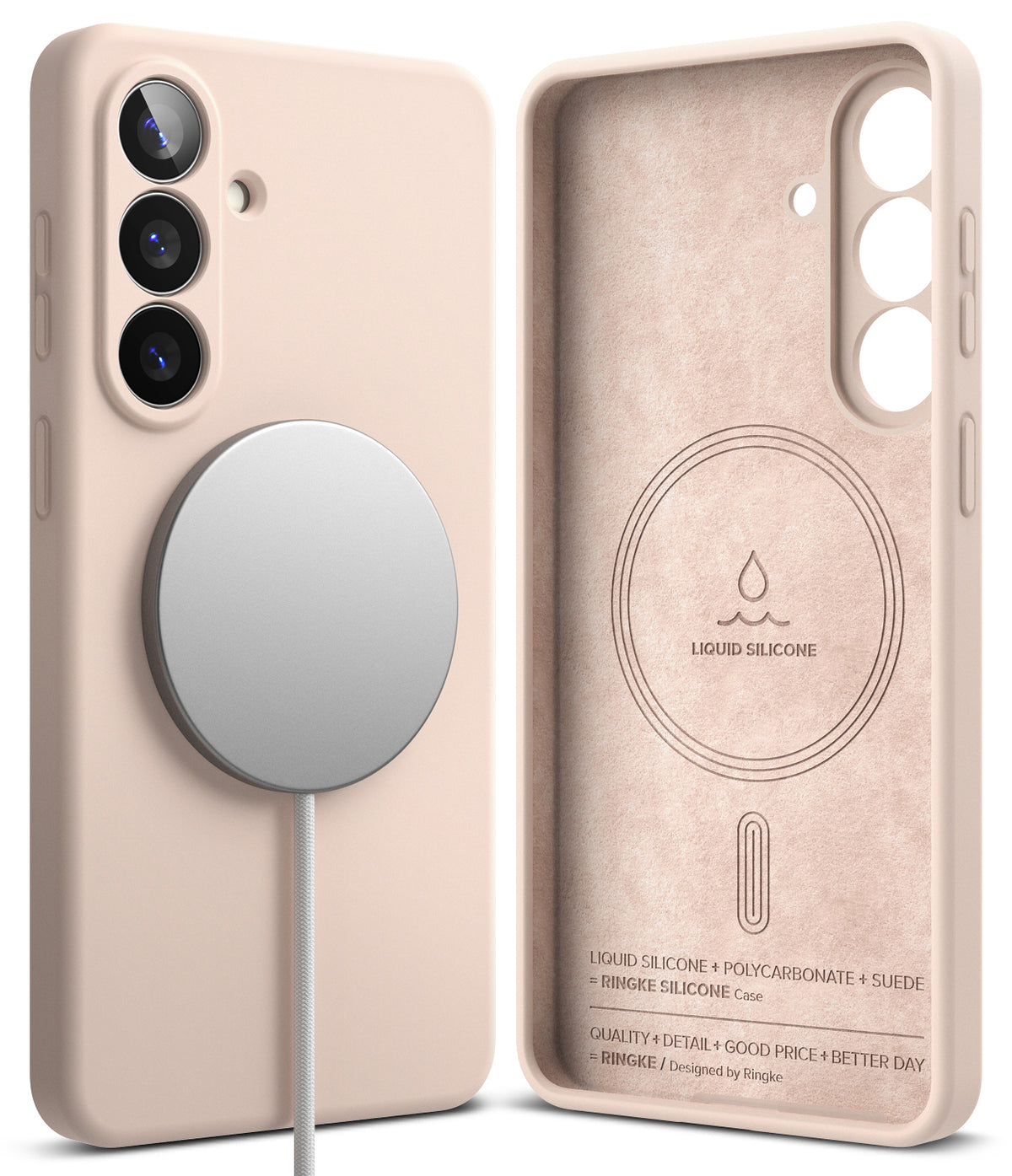 Galaxy S26 Plus Case | Silicone Magnetic - Beige silicone phone case with magnetic charger and suede-lined interior.