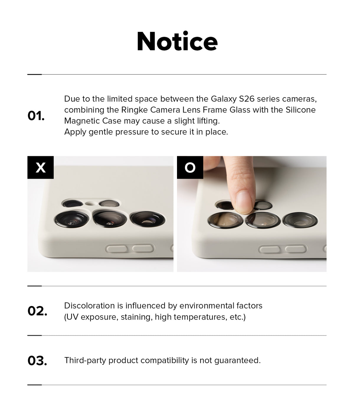 Galaxy S26 Plus Case | Silicone Magnetic - Notice about camera lens glass compatibility and potential lifting.