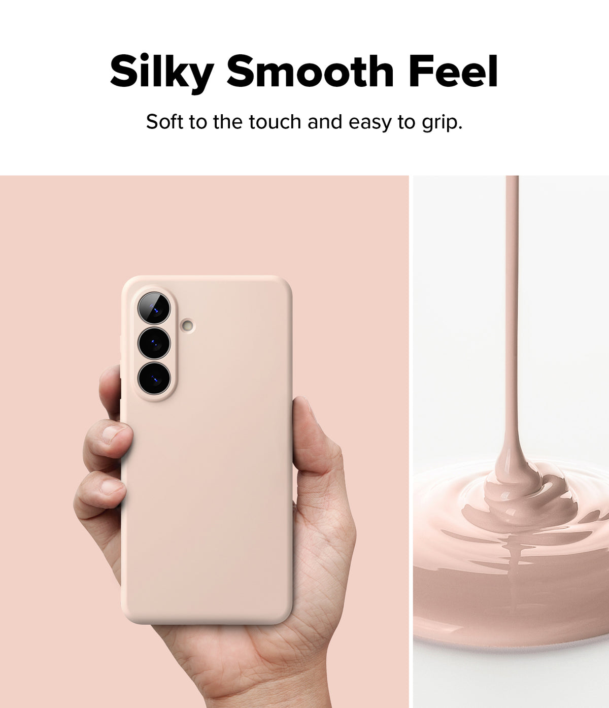 [Bundle] Galaxy S26 Plus | Silicone Magnetic - Hand holding a pink silicone phone case next to liquid silicone pouring.