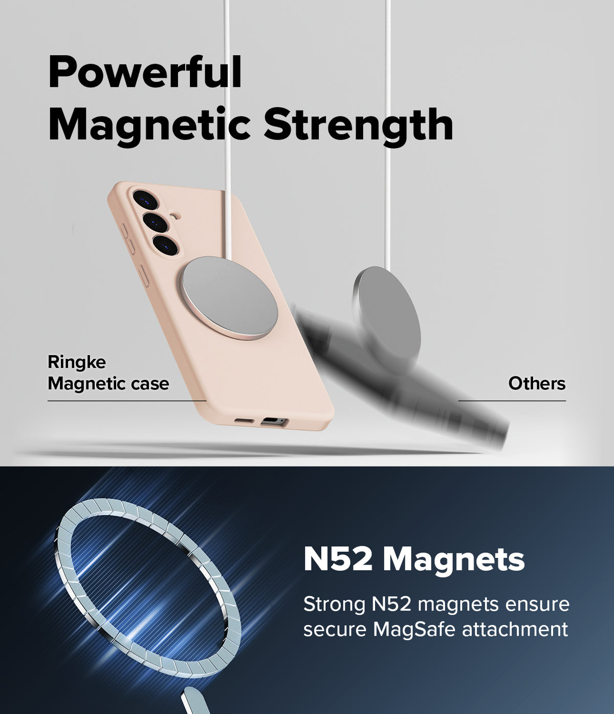 Galaxy S26 Plus Case | Silicone Magnetic - A pink phone case securely holding a magnetic disc compared to a falling one.