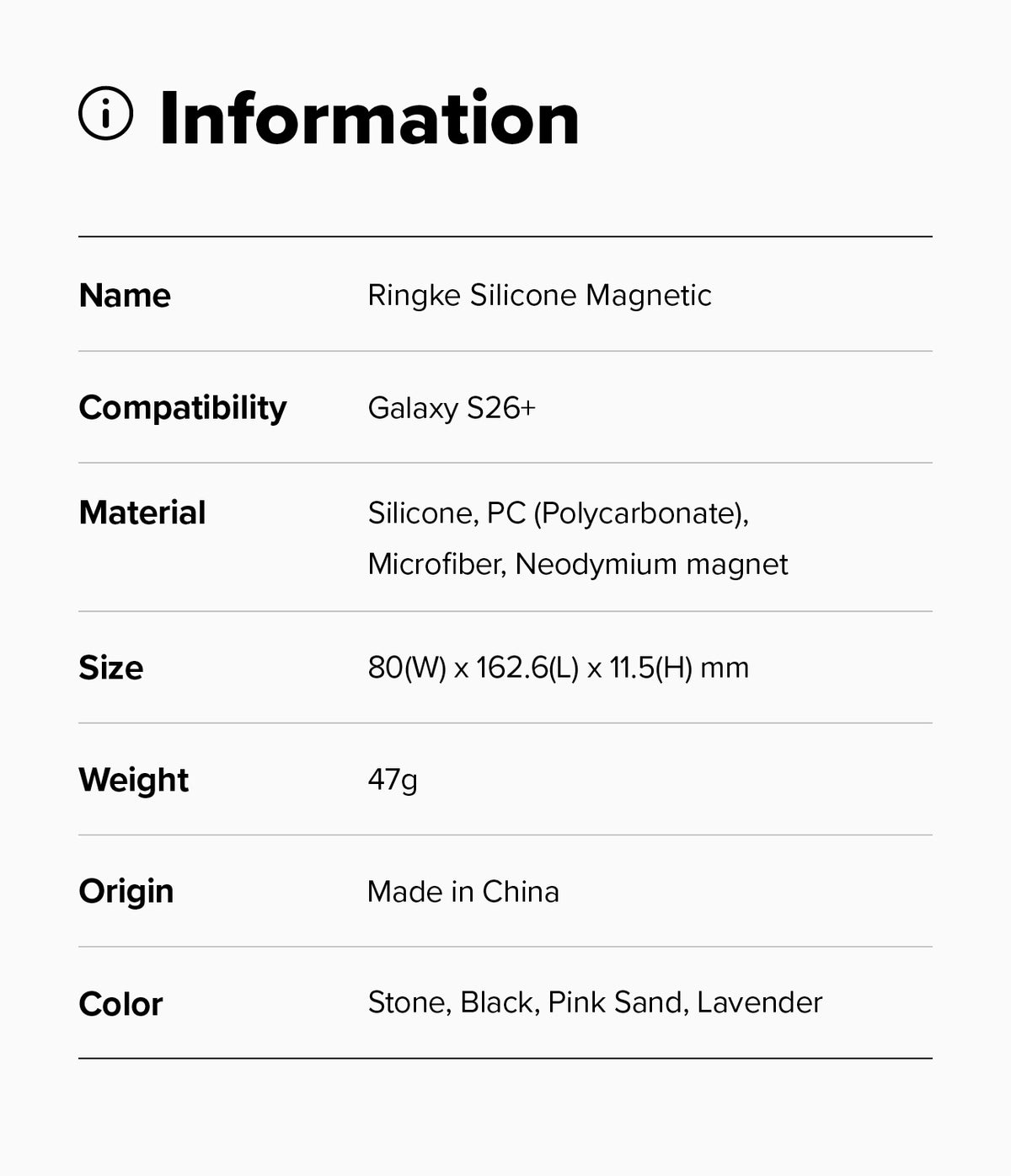 Galaxy S26 Plus Case | Silicone Magnetic - Product information table listing name, compatibility, material, size, weight, and colors.
