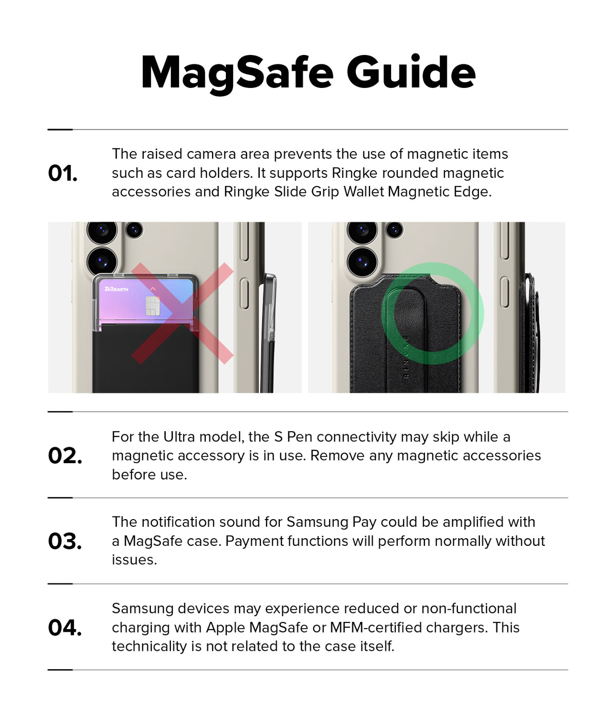 Galaxy S26 Plus Case | Silicone Magnetic - Infographic showing MagSafe compatibility tips for camera clearance and accessories.