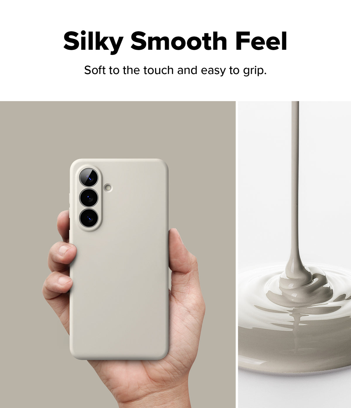 [Bundle] Galaxy S26 Plus | Silicone Magnetic - Hand holding a beige phone case next to liquid silicone pouring down.