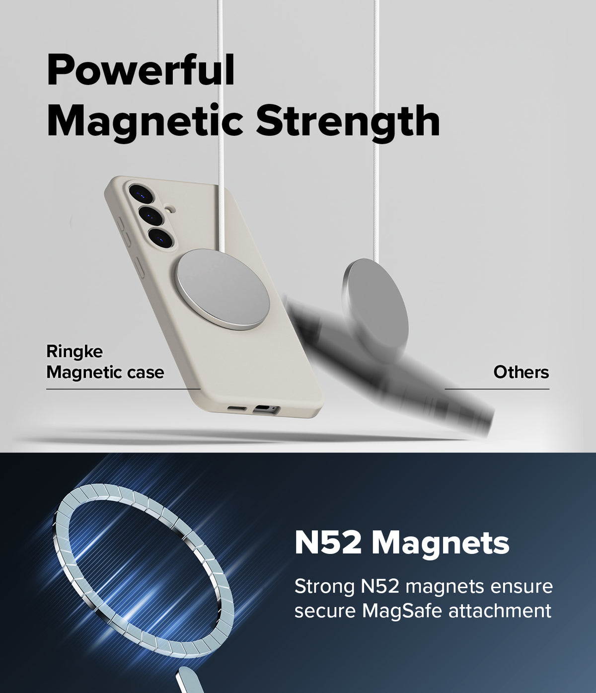 Galaxy S26 Plus Case | Silicone Magnetic - A beige phone case securely attached to a magnet, contrasting with a falling phone.