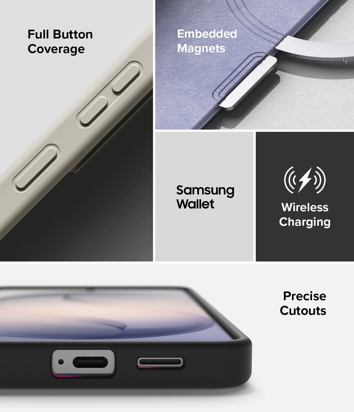 Galaxy S26 Plus Case | Silicone Magnetic - Collage showing button coverage, embedded magnets, wallet, charging, and cutouts.