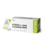 Screen and Lens Cleaning Wipes - A box of 200 pre-moistened cleaning wipes next to a single individual wipe packet.