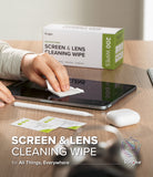 Screen and Lens Cleaning Wipes - Hand using a cleaning wipe on a tablet screen next to a box of 200 wipes on a desk.