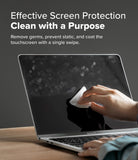 Screen and Lens Cleaning Wipes - Hand using a wipe to clean fingerprints off a smudged MacBook Pro screen.