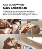 Screen and Lens Cleaning Wipes - Hands using cleaning wipes on a smartwatch, wireless earbuds case, and eyeglasses.