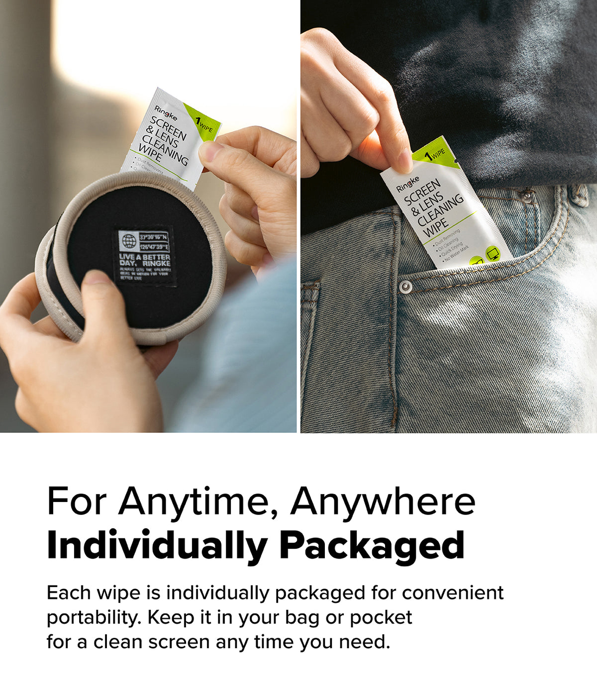 Screen and Lens Cleaning Wipes - Hands holding a small, individually wrapped cleaning wipe being pulled from a pouch and pocket.