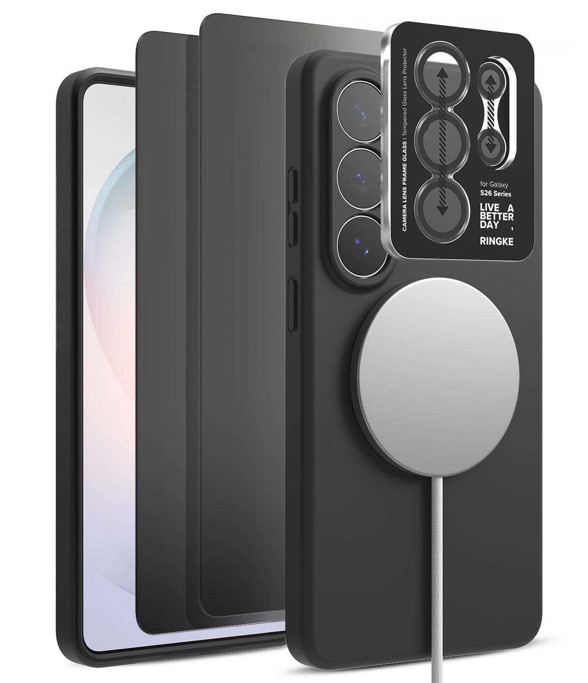 [Bundle] Galaxy S26 Ultra | Silicone Magnetic - Black phone case with magnetic charger, camera protector, and screen film.
