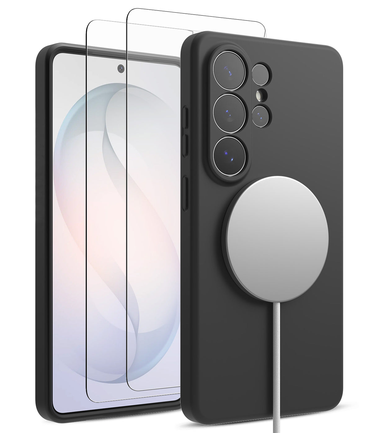 [Bundle] Galaxy S26 Ultra | Silicone Magnetic - Galaxy S26 Ultra | Silicone Magnetic - Black magnetic phone case with screen protector and attached charging puck.