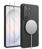 [Bundle] Galaxy S26 Ultra | Silicone Magnetic - Galaxy S26 Ultra | Silicone Magnetic - Black magnetic phone case with screen protector and attached charging puck.
