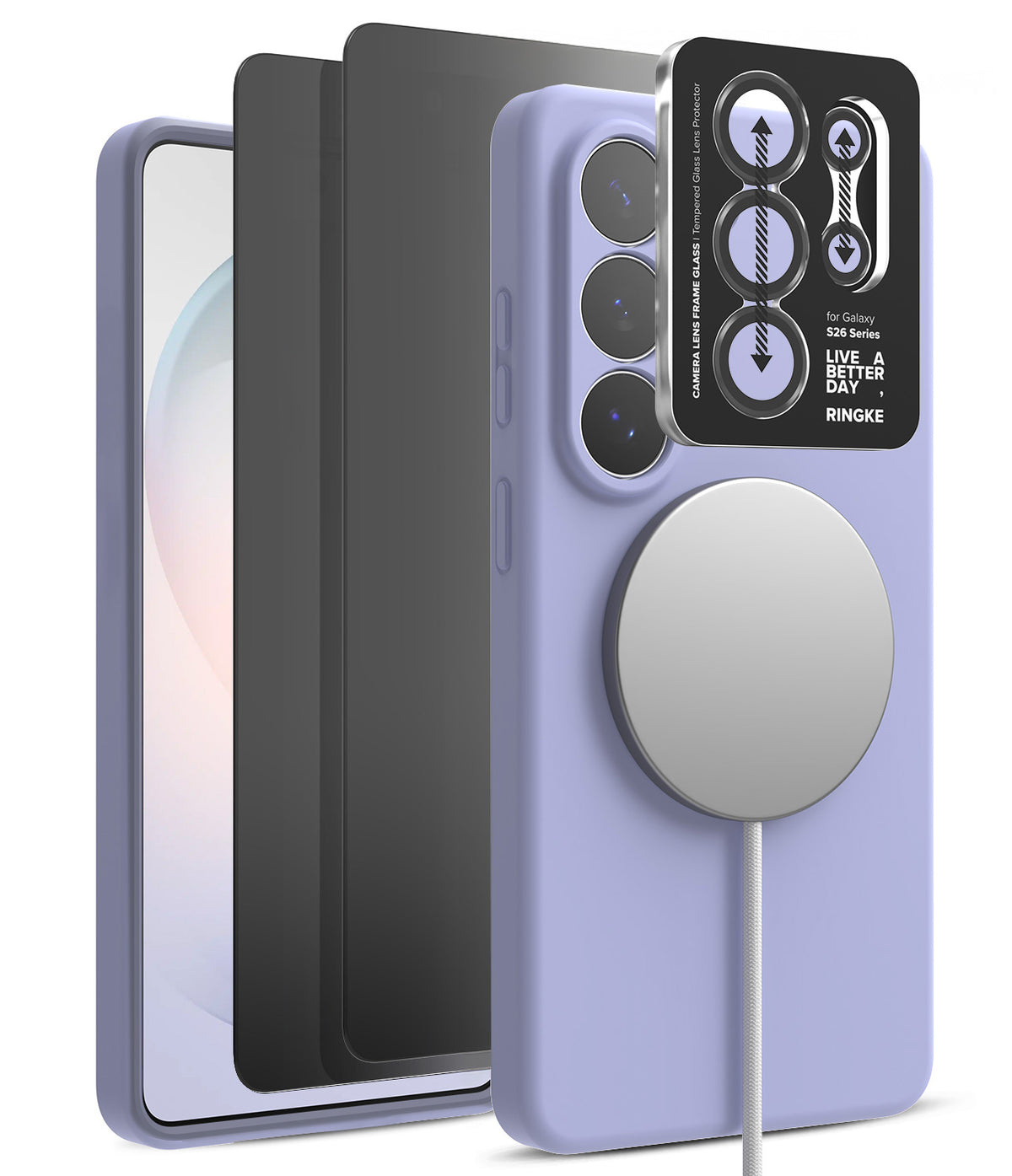 [Bundle] Galaxy S26 Ultra | Silicone Magnetic - Galaxy S26 Ultra | Silicone Magnetic - Lavender silicone case with magnetic charger and camera lens protector.