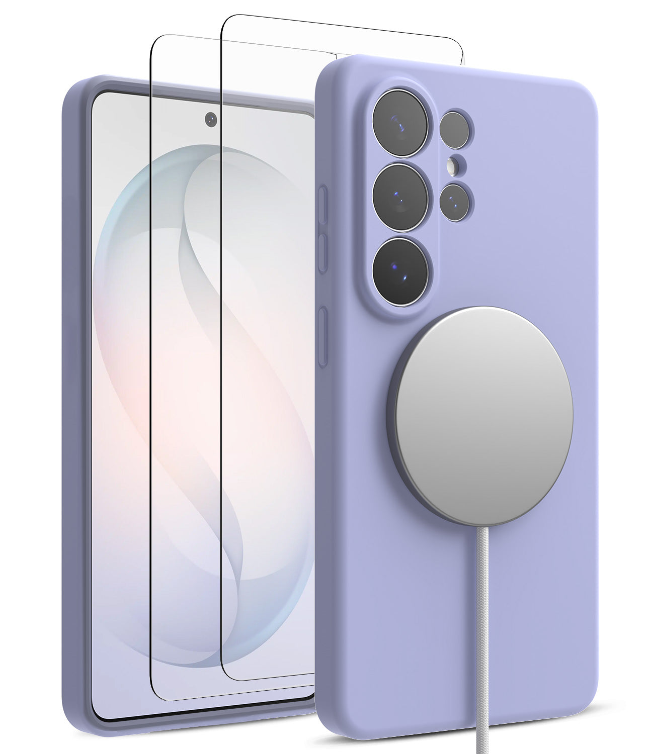 [Bundle] Galaxy S26 Ultra | Silicone Magnetic - Lavender silicone case with magnetic charger attached to phone.
