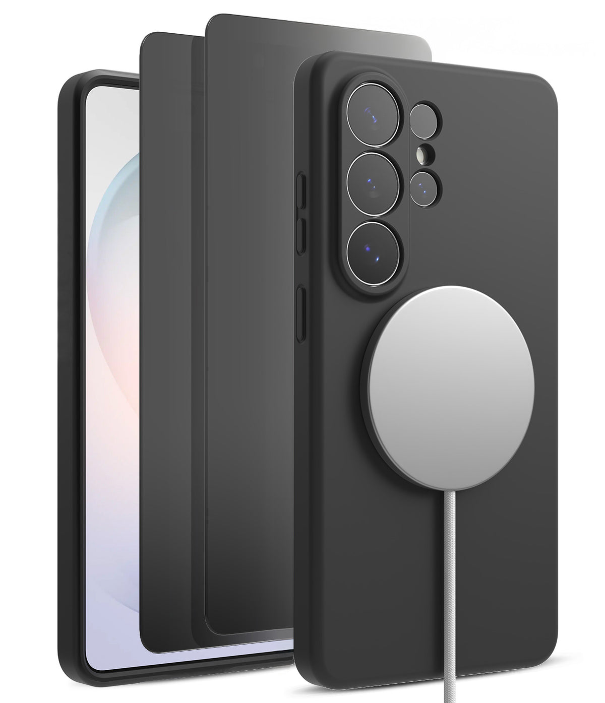[Bundle] Galaxy S26 Ultra | Silicone Magnetic - Galaxy S26 Ultra | Silicone Magnetic - Black phone case with magnetic charger attached to the back of the device.