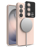 [Bundle] Galaxy S26 | Silicone Magnetic - Galaxy S26 | Silicone Magnetic - Pink silicone phone case with magnetic charger and camera lens protector on Galaxy S26.
