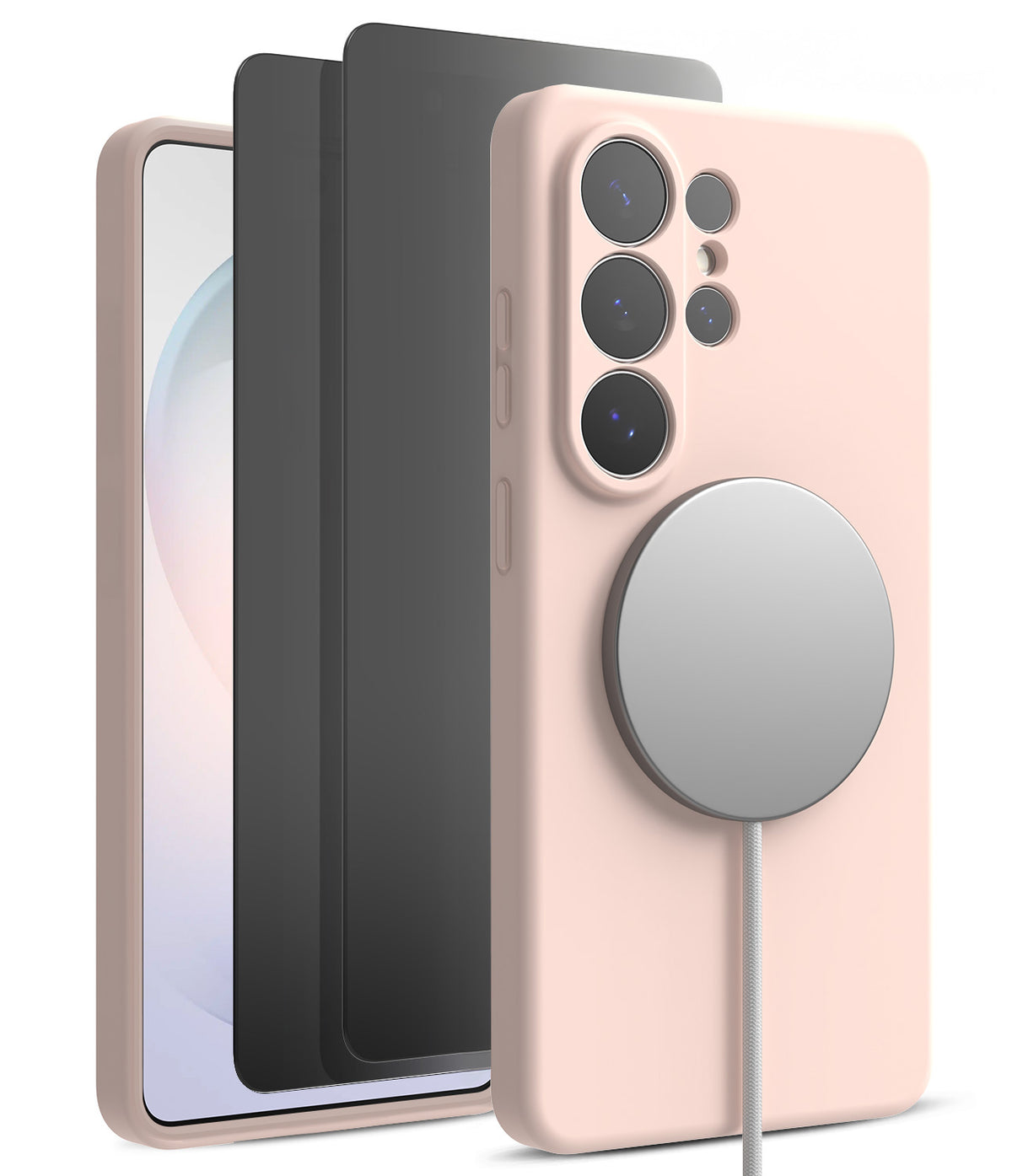 [Bundle] Galaxy S26 Ultra | Silicone Magnetic - Galaxy S26 Ultra | Silicone Magnetic - Pink silicone case with magnetic charger attached to a Galaxy S26 Ultra phone.