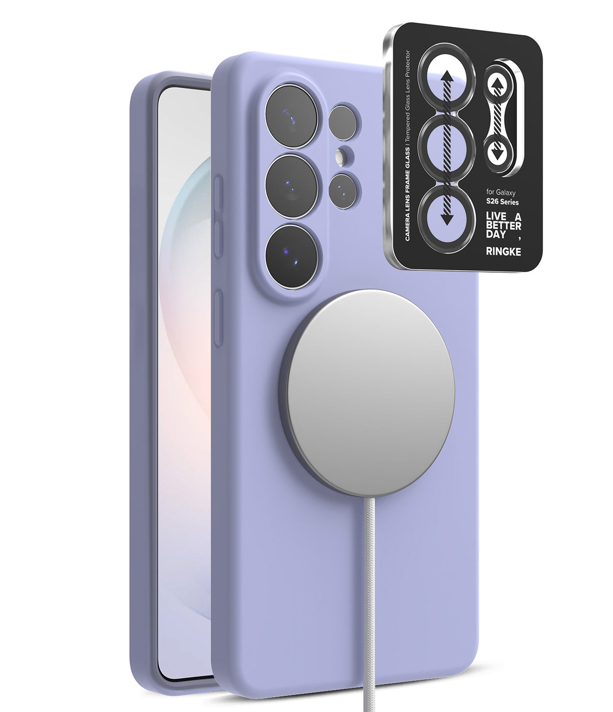 [Bundle] Galaxy S26 Ultra | Silicone Magnetic - Galaxy S26 Ultra | Silicone Magnetic - Purple silicone phone case with magnetic charger and camera lens protector.