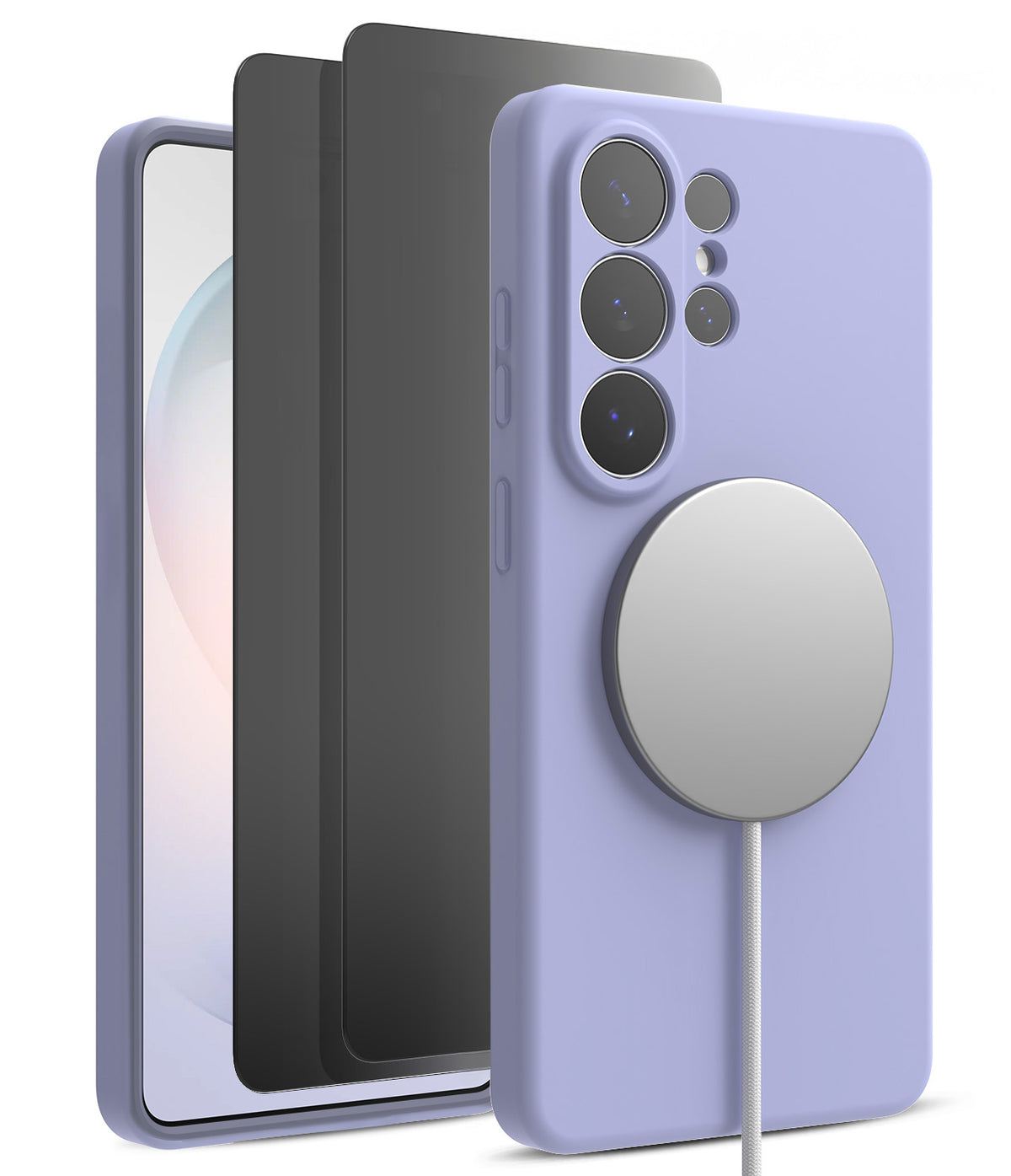 [Bundle] Galaxy S26 Ultra | Silicone Magnetic - Purple silicone case with magnetic charger attached to a phone.