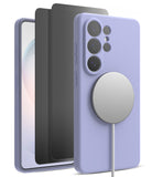 [Bundle] Galaxy S26 Ultra | Silicone Magnetic - Purple silicone case with magnetic charger attached to a phone.