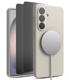 [Bundle] Galaxy S26 | Silicone Magnetic - Galaxy S26 | Silicone Magnetic - Stone silicone phone case with magnetic charger attached, plus two screen protectors.