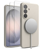 [Bundle] Galaxy S26 | Silicone Magnetic - Beige silicone case with magnetic charger and screen protector on a phone.