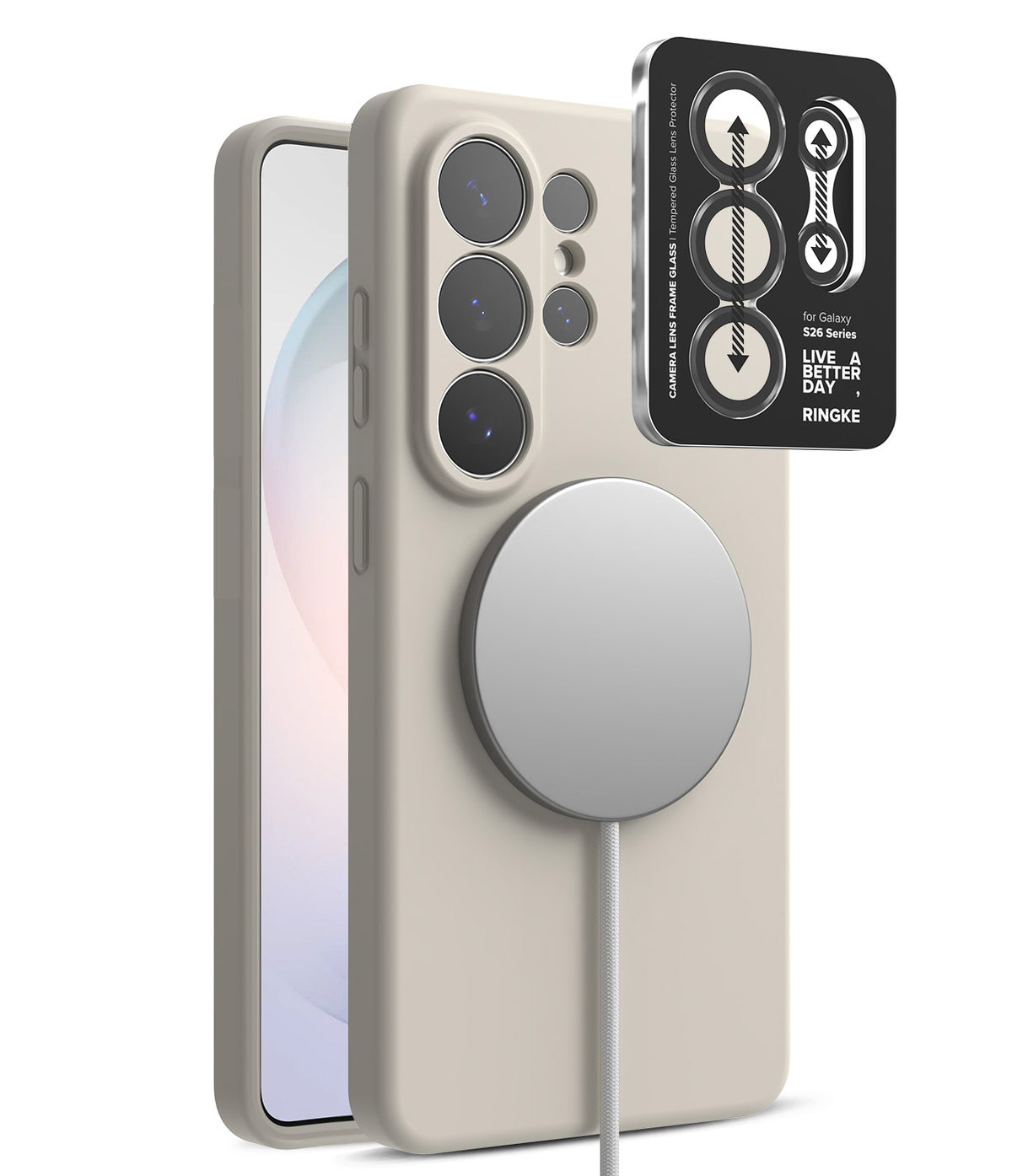 [Bundle] Galaxy S26 Ultra | Silicone Magnetic - Galaxy S26 Ultra | Silicone Magnetic - Warm gray phone case with magnetic charger and camera lens protector.