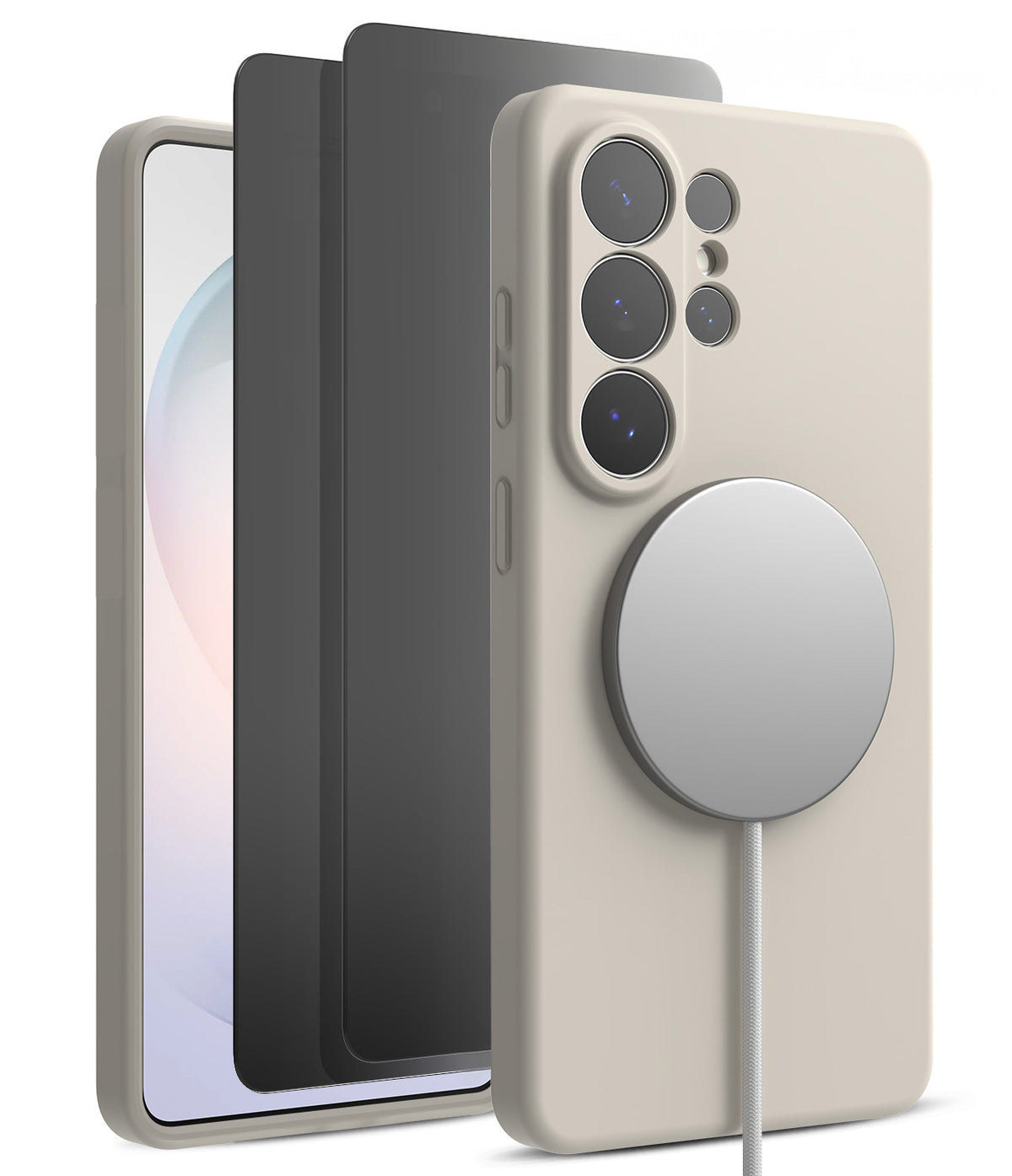 [Bundle] Galaxy S26 Ultra | Silicone Magnetic - Galaxy S26 Ultra | Silicone Magnetic - Warm gray phone case with magnetic charger attached to the back and screen protectors.