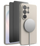 [Bundle] Galaxy S26 Ultra | Silicone Magnetic - Galaxy S26 Ultra | Silicone Magnetic - Warm gray phone case with magnetic charger attached to the back and screen protectors.