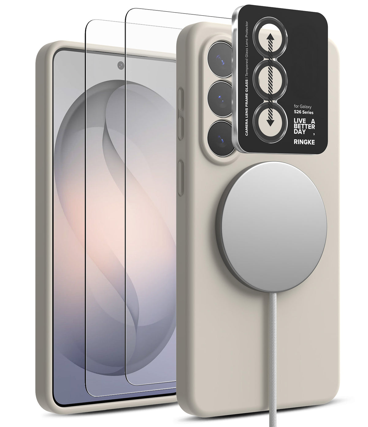 [Bundle] Galaxy S26 Plus | Silicone Magnetic - Warm gray magnetic phone case with camera lens protector and screen film.