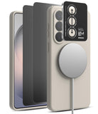 [Bundle] Galaxy S26 | Silicone Magnetic - Galaxy S26 | Silicone Magnetic - Warm gray phone case with magnetic charger, screen protectors, and camera lens frame.