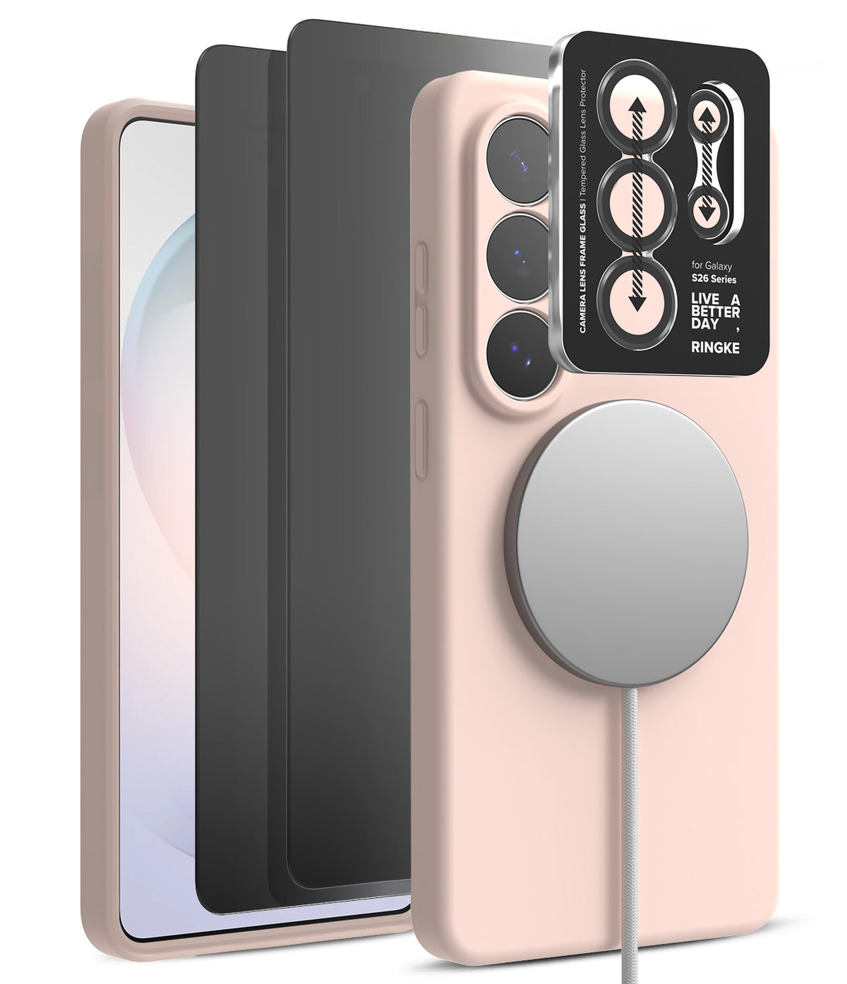 [Bundle] Galaxy S26 Ultra | Silicone Magnetic - Pink silicone case with magnetic charger, screen protector, and camera lens cover.