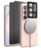 [Bundle] Galaxy S26 Ultra | Silicone Magnetic - Pink silicone case with magnetic charger, screen protector, and camera lens cover.