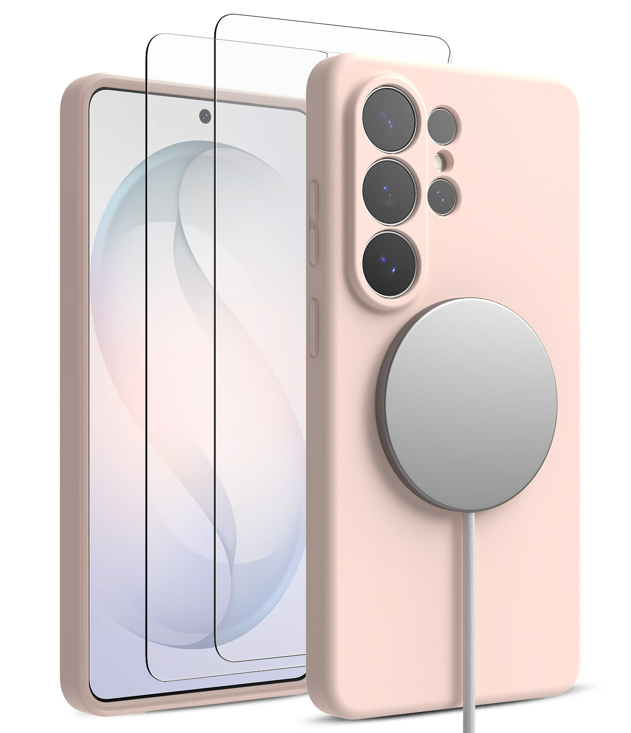 [Bundle] Galaxy S26 Ultra | Silicone Magnetic - Pink silicone case with magnetic charger and screen protector.
