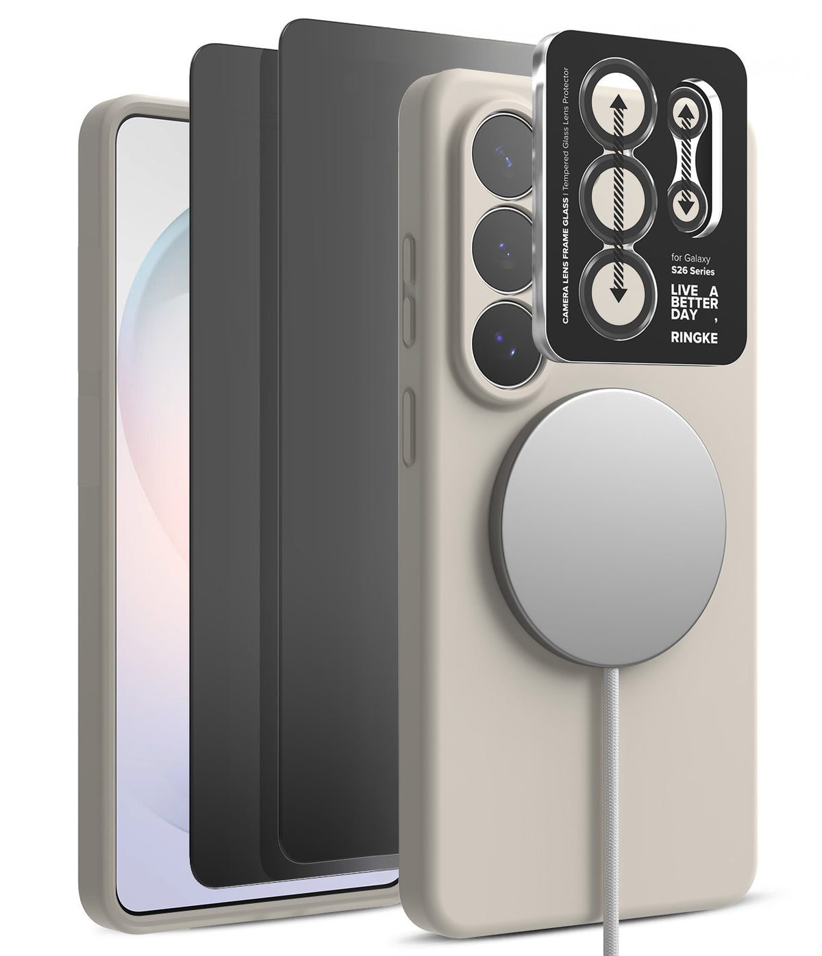 [Bundle] Galaxy S26 Ultra | Silicone Magnetic - Warm gray phone case with magnetic charger, screen protector, and camera lens cover.