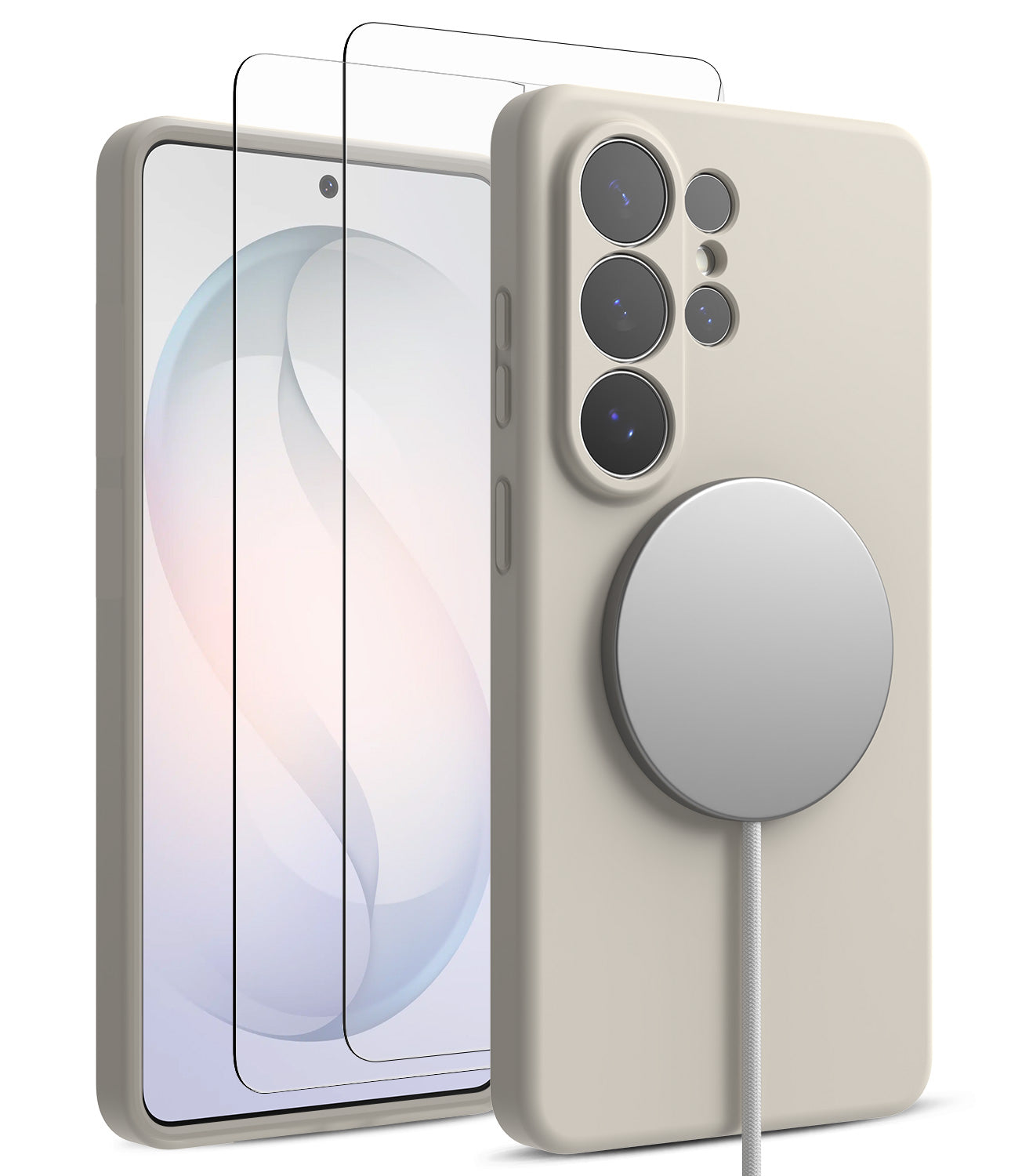 [Bundle] Galaxy S26 Ultra | Silicone Magnetic - Warm gray phone case with magnetic charger and two screen protectors.