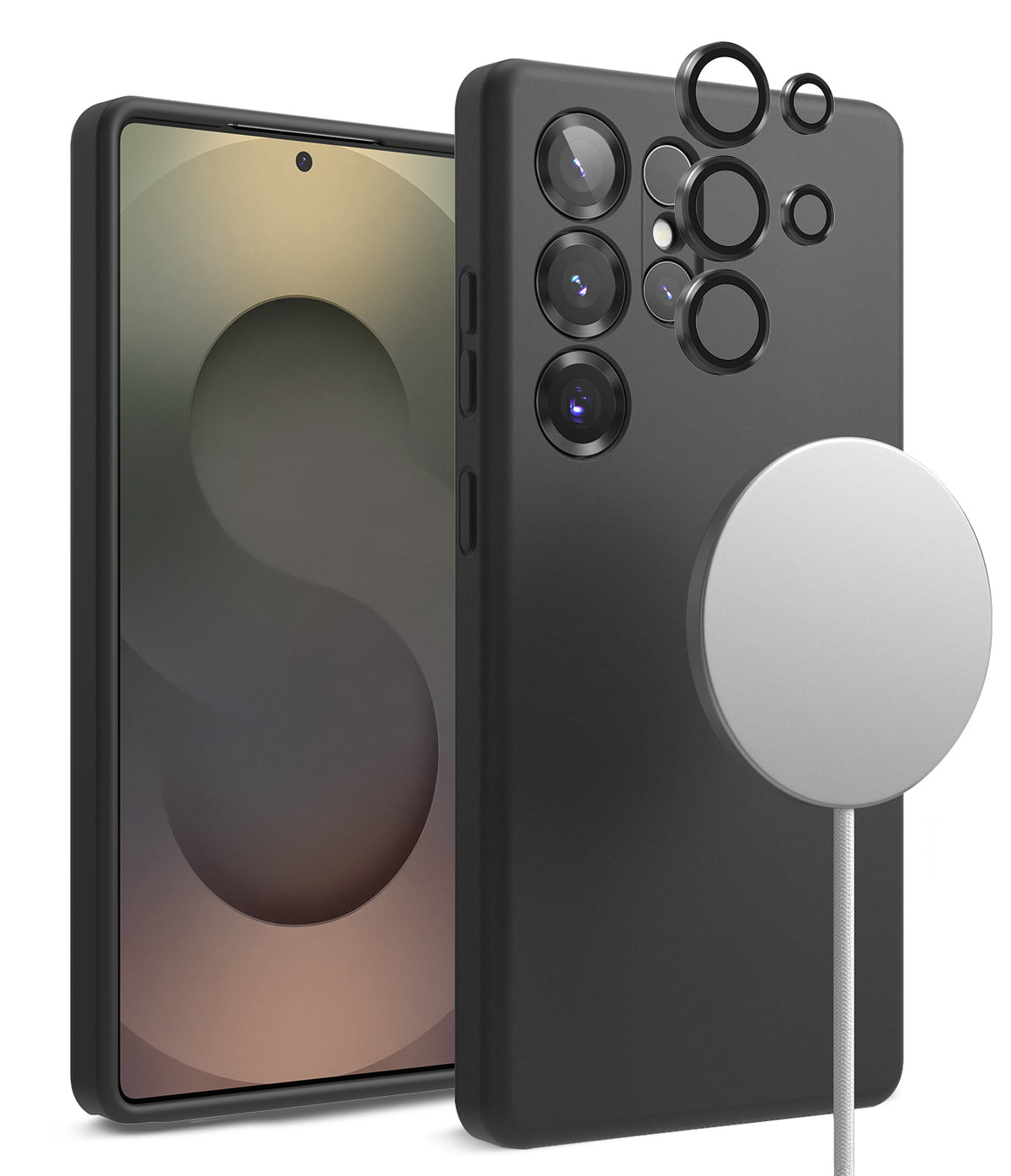 [Bundle] Galaxy S25 Ultra | Silicone Magnetic - Black phone case with magnetic charger and lens protectors.