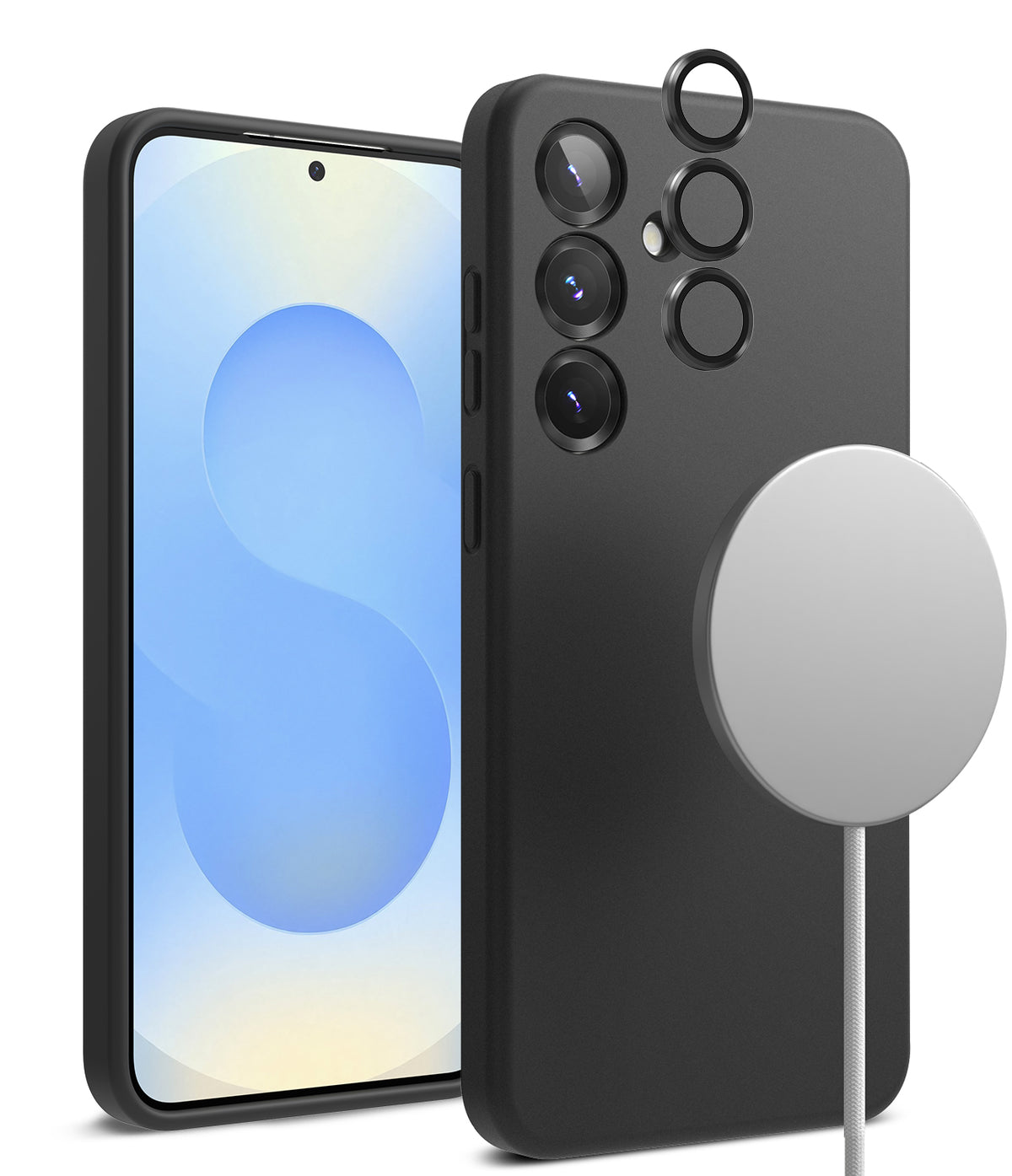 [Bundle] Galaxy S25 Plus | Silicone Magnetic - Black phone case with magnetic charger and lens protectors.