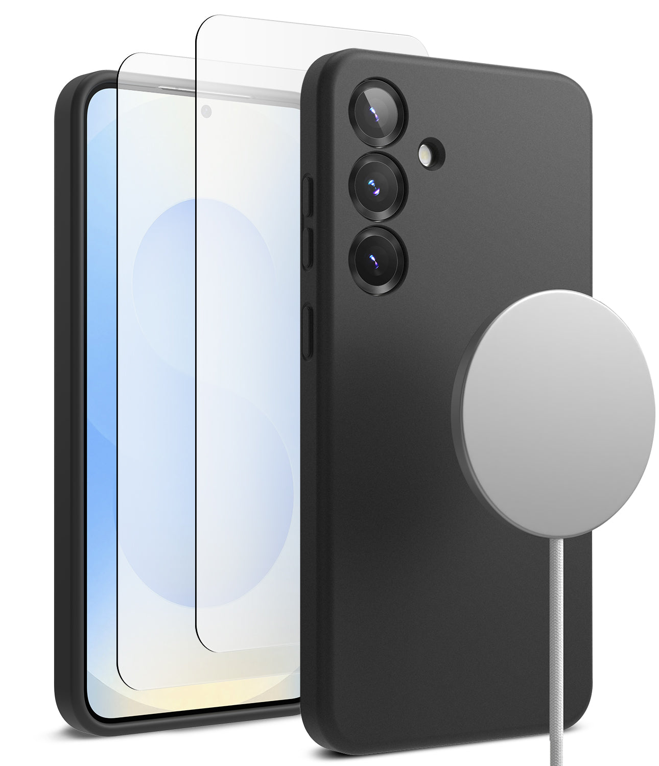 [Bundle] Galaxy S25 Plus | Silicone Magnetic - Black silicone case, screen protector, and magnetic charger for S25 Plus.