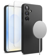 [Bundle] Galaxy S25 Plus | Silicone Magnetic - Black silicone case, screen protector, and magnetic charger for S25 Plus.