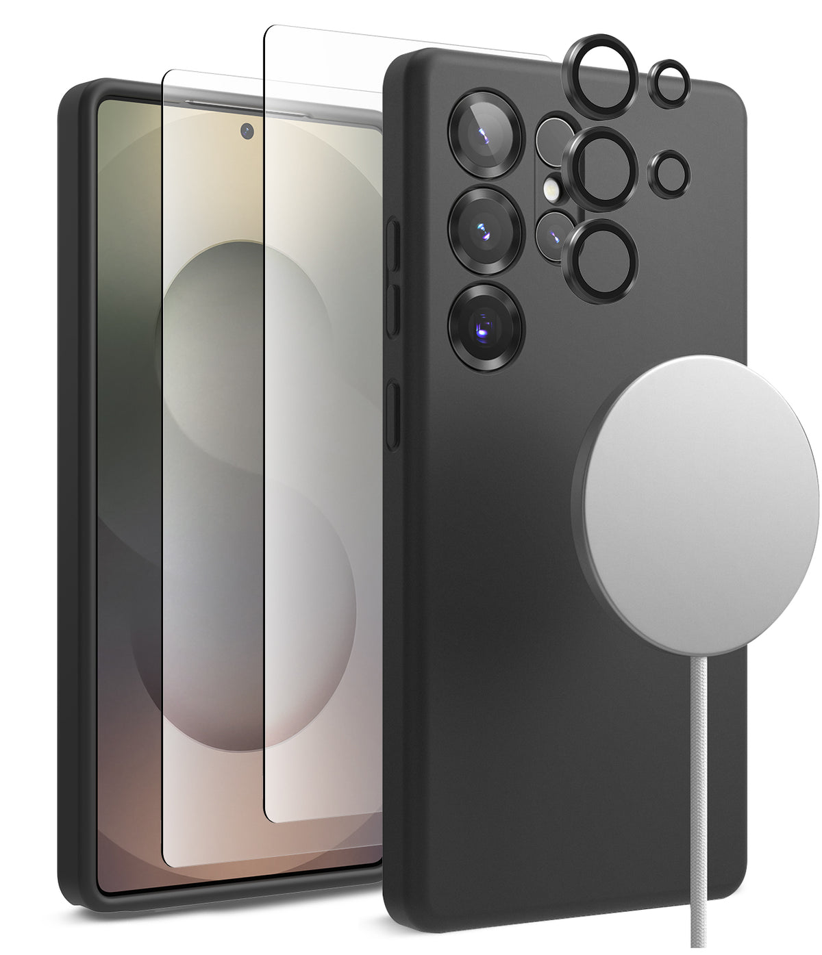 [Bundle] Galaxy S25 Ultra | Silicone Magnetic - Galaxy S25 Ultra | Silicone Magnetic - Black phone case, screen protector, and magnetic charger with lens rings.