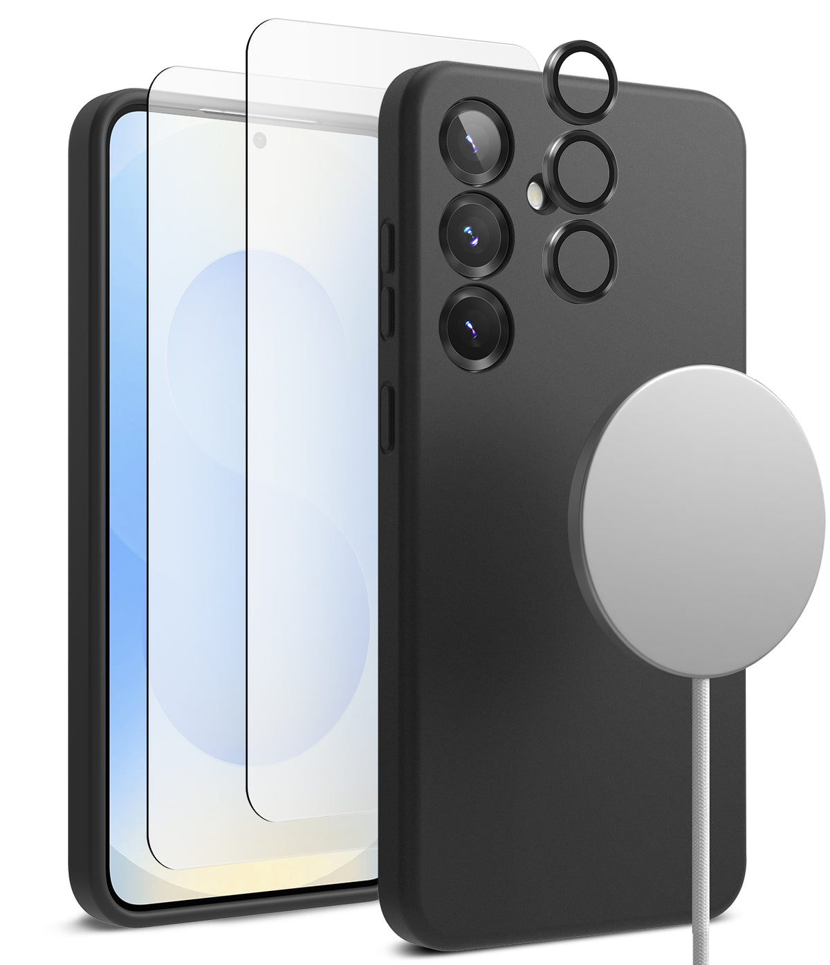 [Bundle] Galaxy S25 | Silicone Magnetic - Black phone case, screen protector, and magnetic charger on a white background.