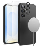 [Bundle] Galaxy S25 Plus | Silicone Magnetic - Black phone case, screen protector, lens rings, and magnetic charger.