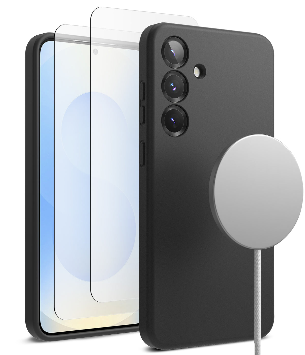 [Bundle] Galaxy S25 | Silicone Magnetic - Black silicone case, screen protector, and magnetic charger for Galaxy S25.