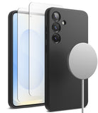 [Bundle] Galaxy S25 | Silicone Magnetic - Black silicone case, screen protector, and magnetic charger for Galaxy S25.