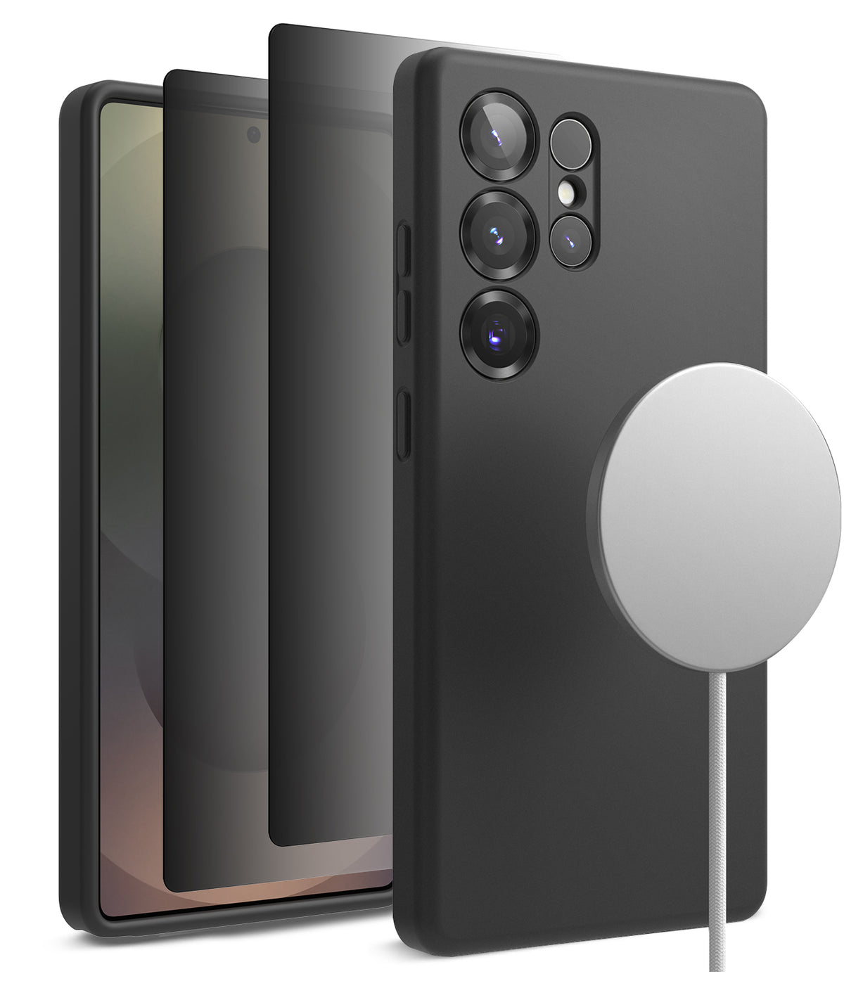 [Bundle] Galaxy S25 Ultra | Silicone Magnetic - Black silicone case on Galaxy S25 Ultra with a magnetic charger attached.