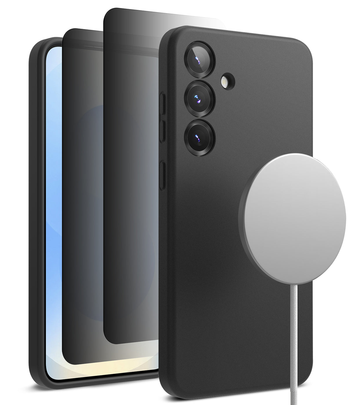 [Bundle] Galaxy S25 Plus | Silicone Magnetic - Galaxy S25 Plus | Silicone Magnetic - Black silicone case on Galaxy S25 Plus with magnetic charger and screen protectors.