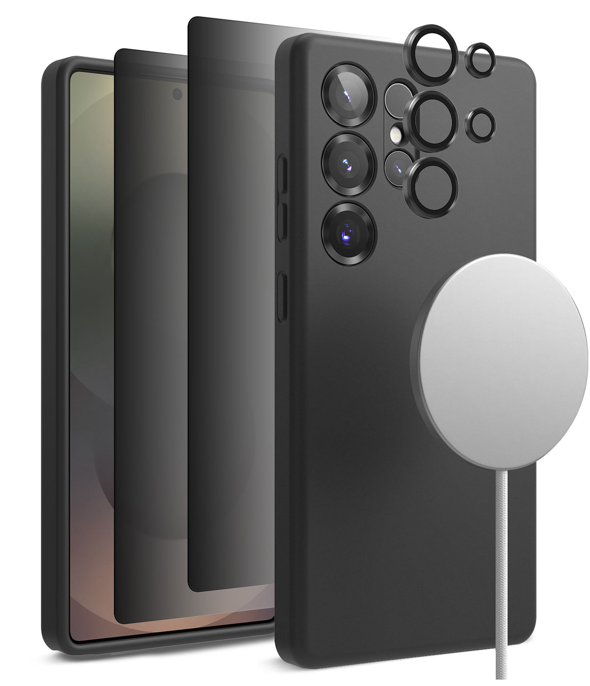 [Bundle] Galaxy S25 Ultra | Silicone Magnetic - Black phone case, magnetic charger, and lens protectors in exploded view.