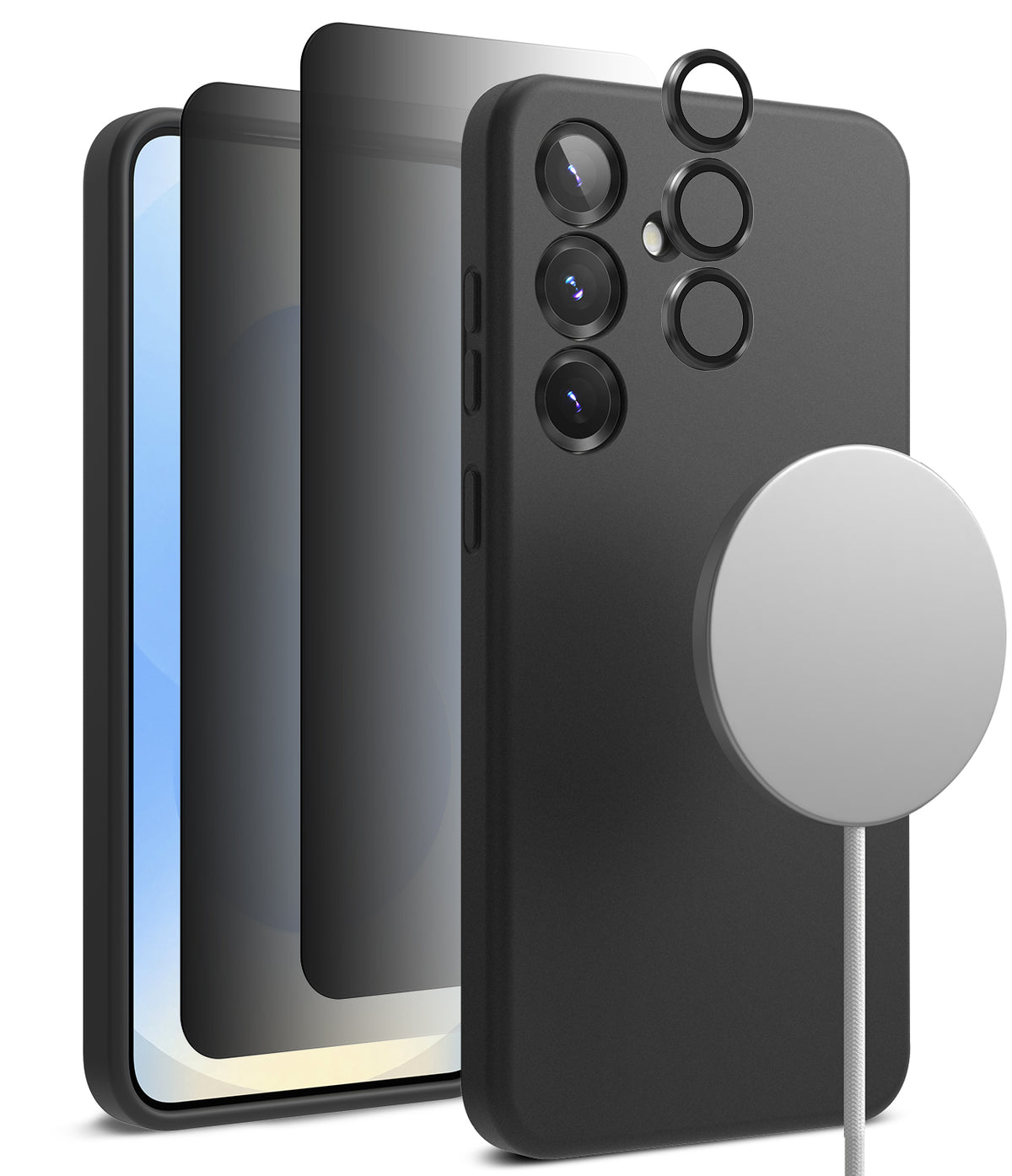 [Bundle] Galaxy S25 Plus | Silicone Magnetic - Black silicone case, screen protector, and magnetic charger for Galaxy S25 Plus.
